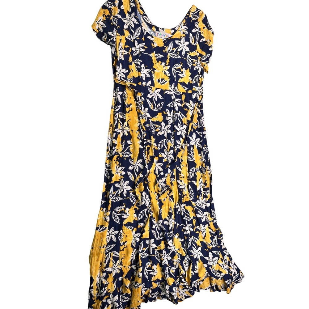 Jams World Hawaii 100% Rayon Floral Maxi Dress Small Navy Yellow Made in USA
